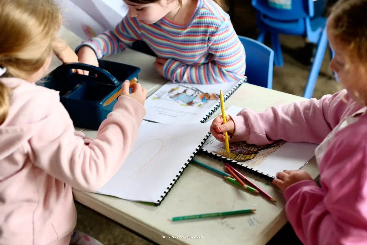 Kids grooming ponies at school holiday horse riding camp — Eastside Riding Academy Sydney
