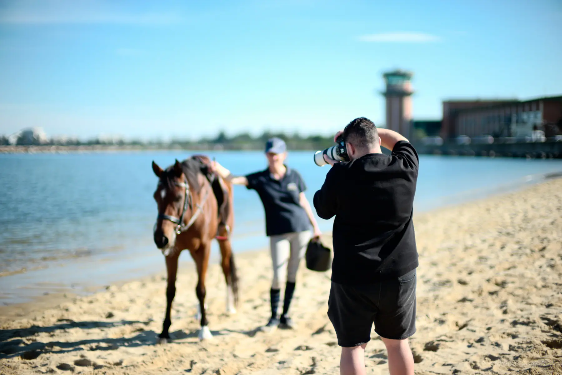 A photographer frames a handler and a bay horse at the water's edge on the beach