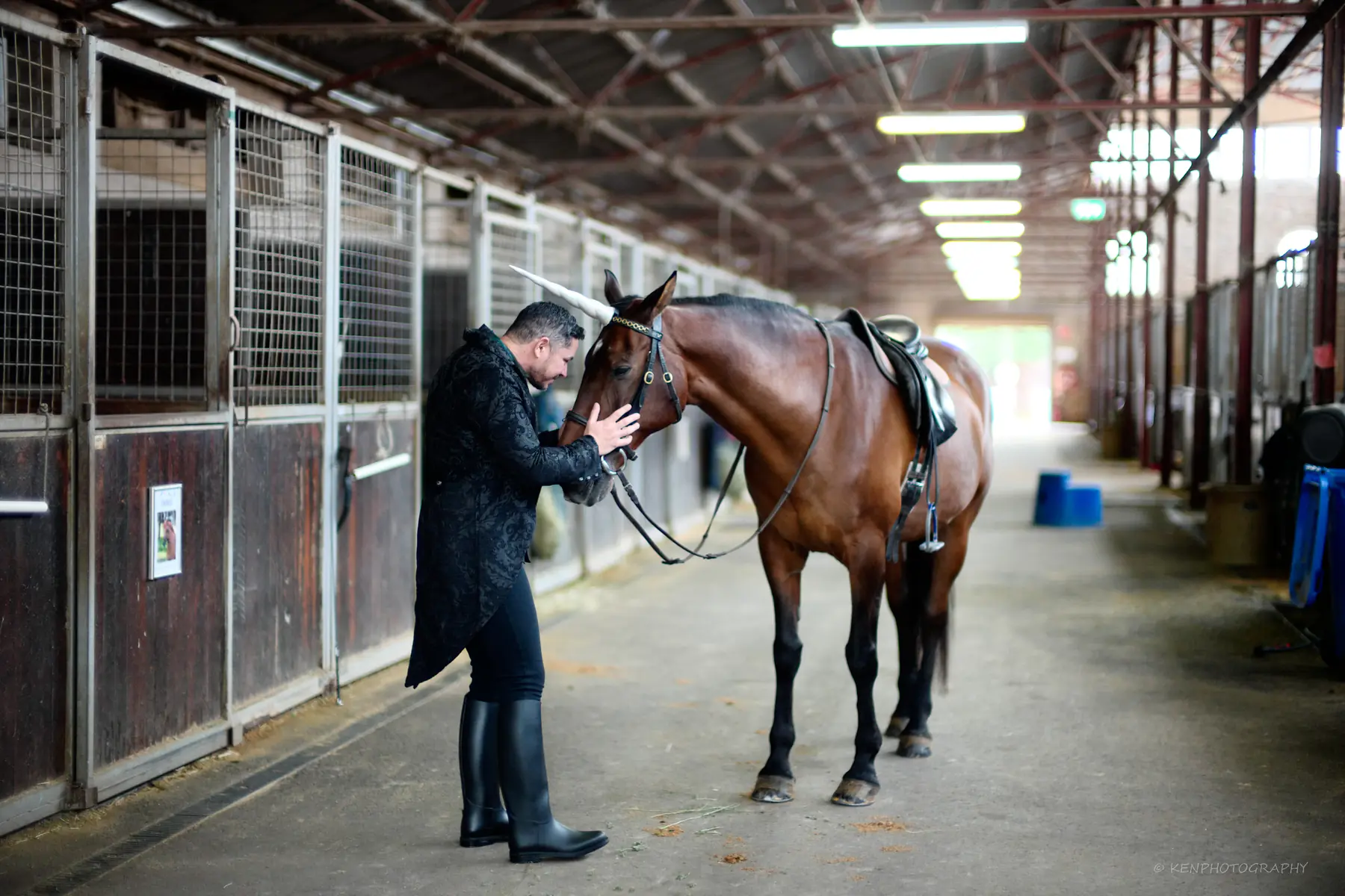 A man in a brocade jacket greets a bay horse in the stable aisle, both hands on its face